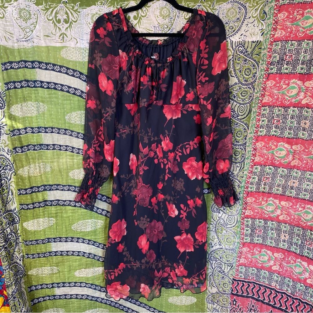 Vintage Y2K Studio Y Black/ Red Floral Whimsigoth Milkmaid Midi Dress Size 9